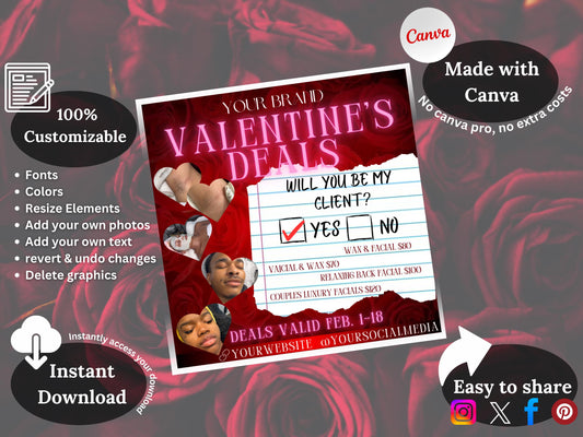 Valentine's Day/ February Booking Flyer, Specials/sales flyer, Hair, nails, Lashes, MUA, Esthetician, treats, etc.