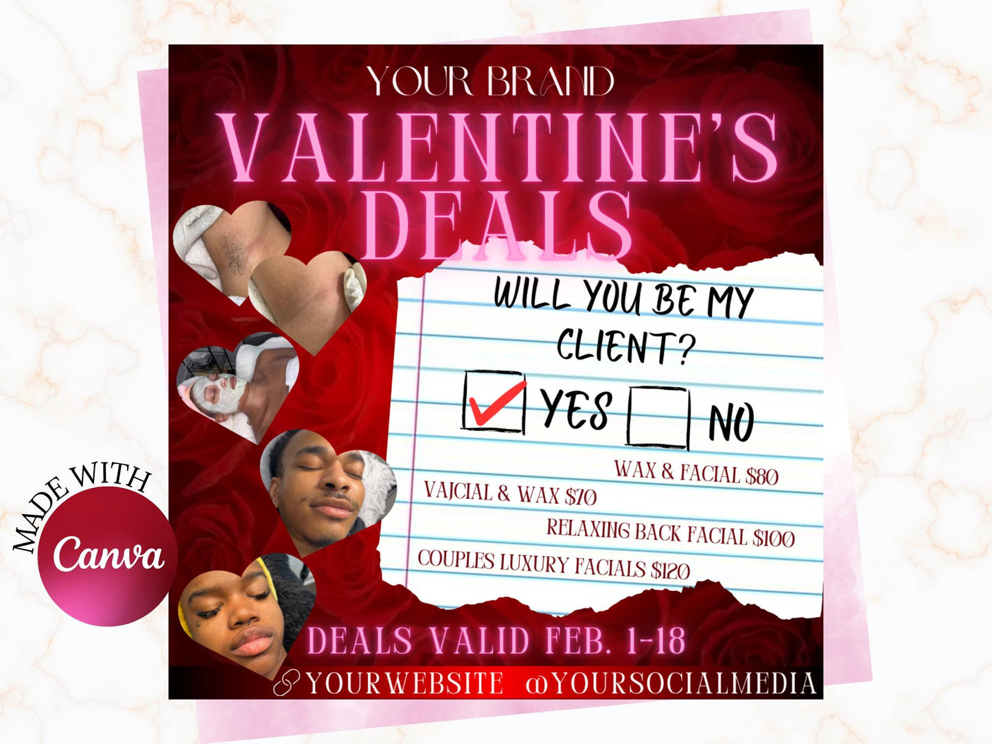 Valentine's Day/ February Booking Flyer, Specials/sales flyer, Hair, nails, Lashes, MUA, Esthetician, treats, etc.