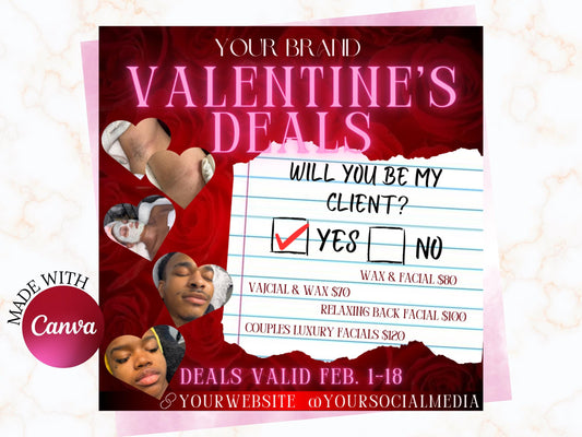 Valentine's Day/ February Booking Flyer, Specials/sales flyer, Hair, nails, Lashes, MUA, Esthetician, treats, etc.